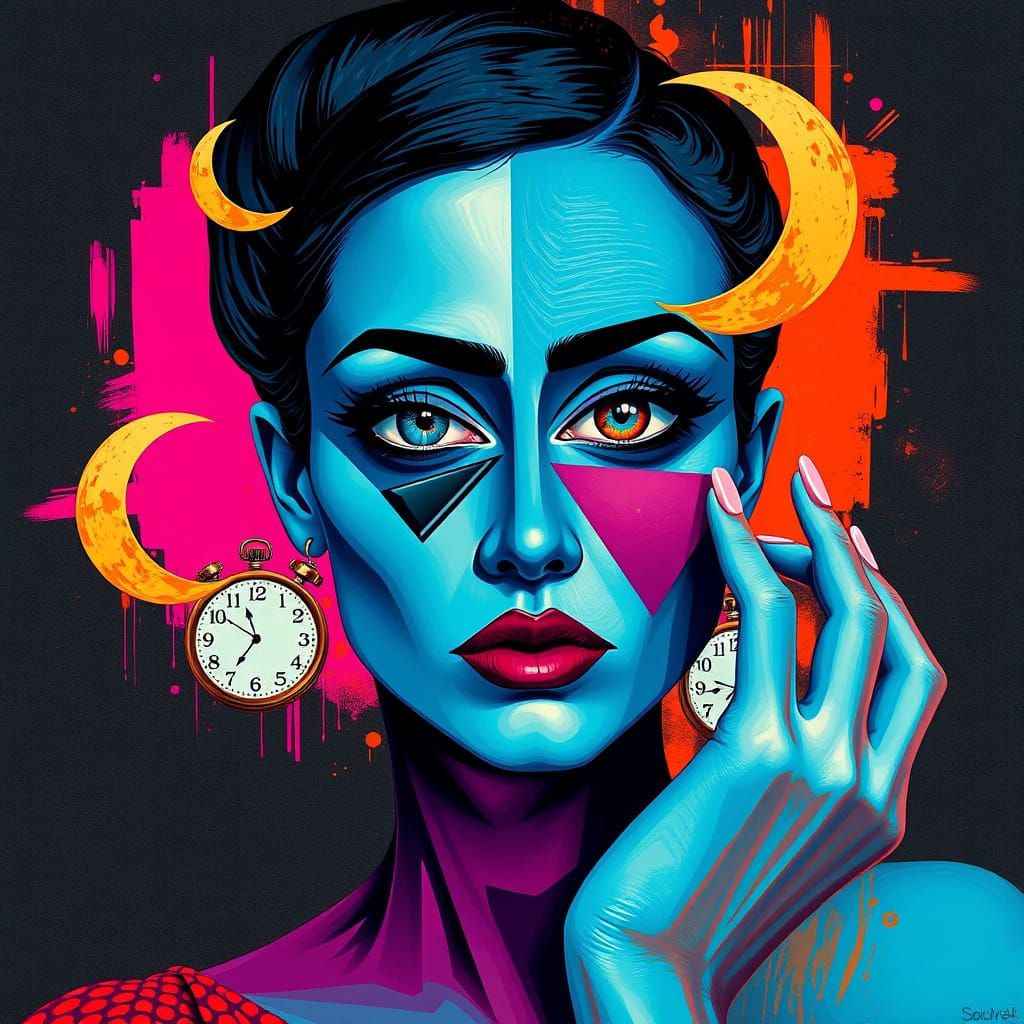 Cubist Woman Portrait with Geometric Shapes and Surrealism