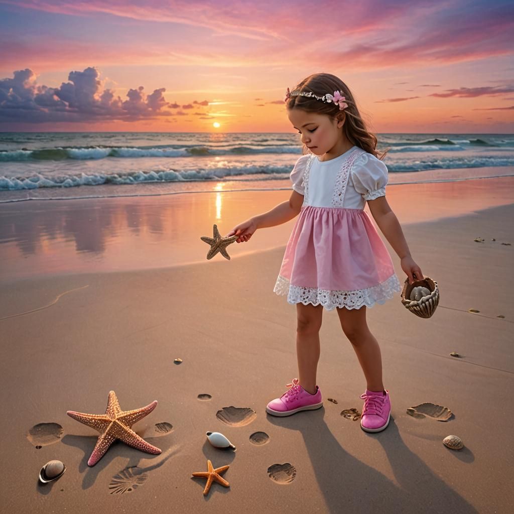 Girl with Seashells at Sunset on Beach