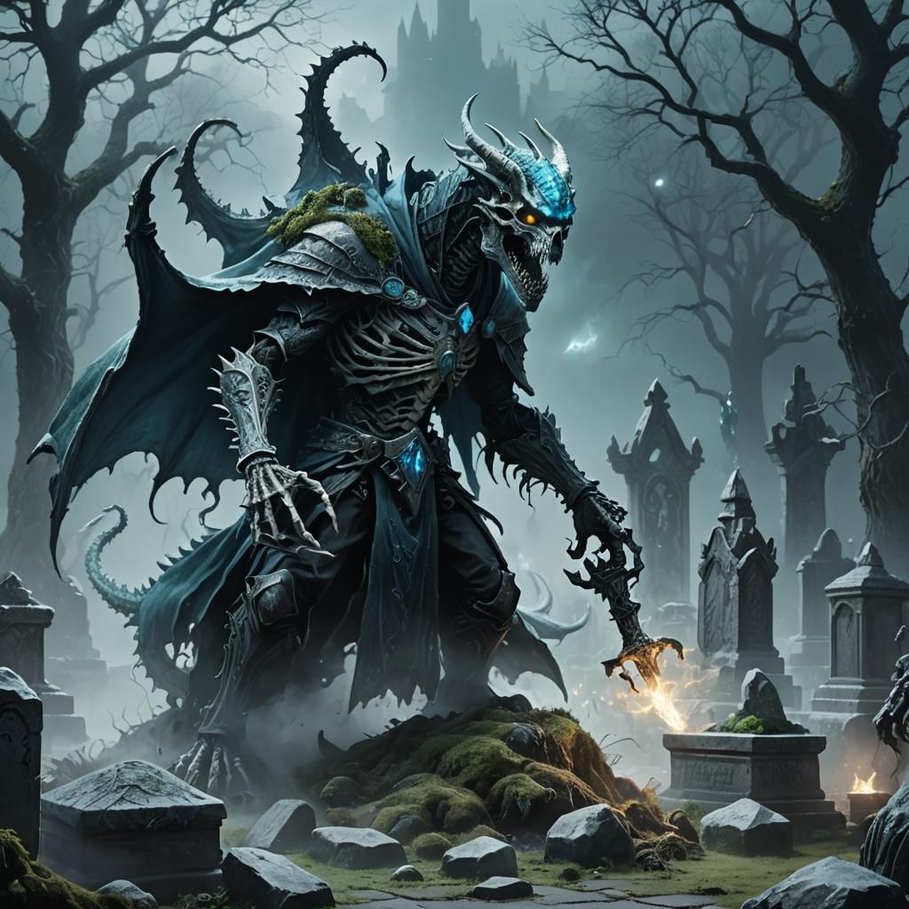 Lich on Skeletal Dragon in Misty Graveyard