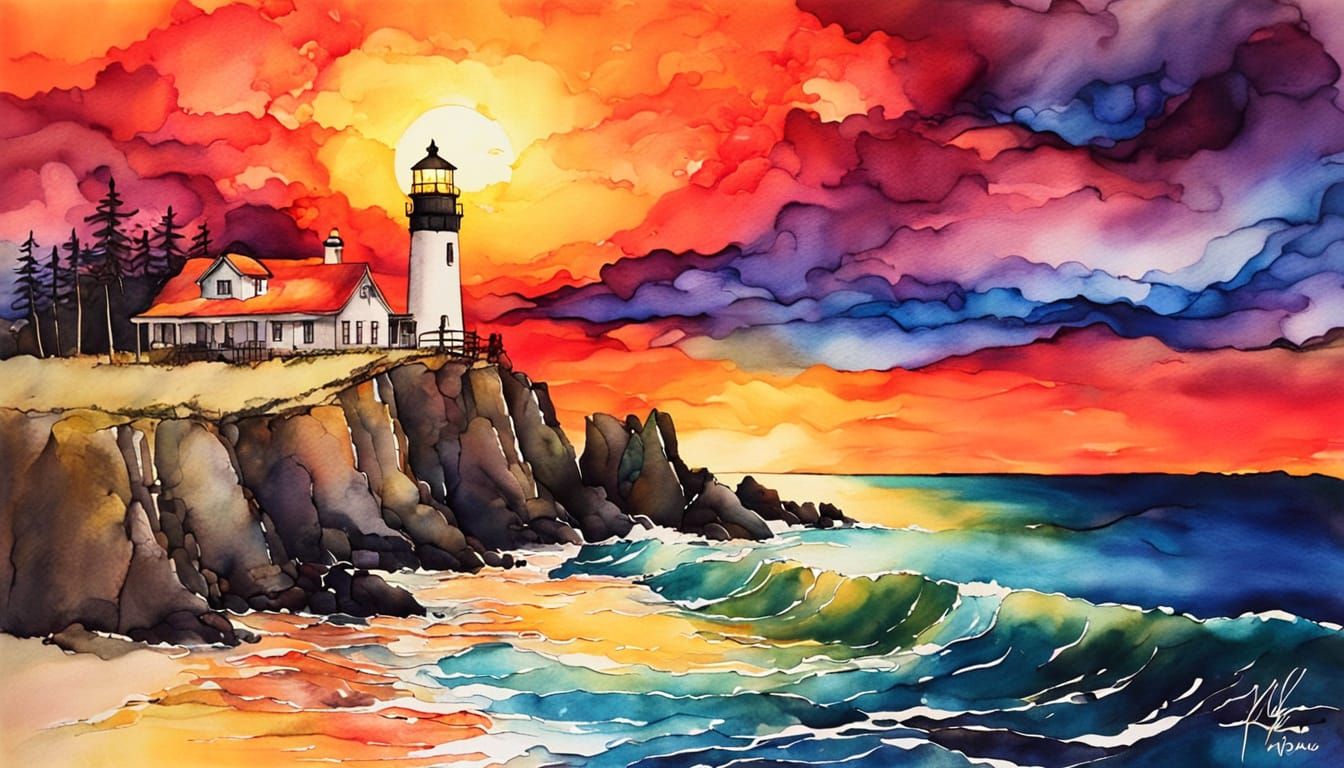 Alcohol Ink Lighthouse Sunset Painting