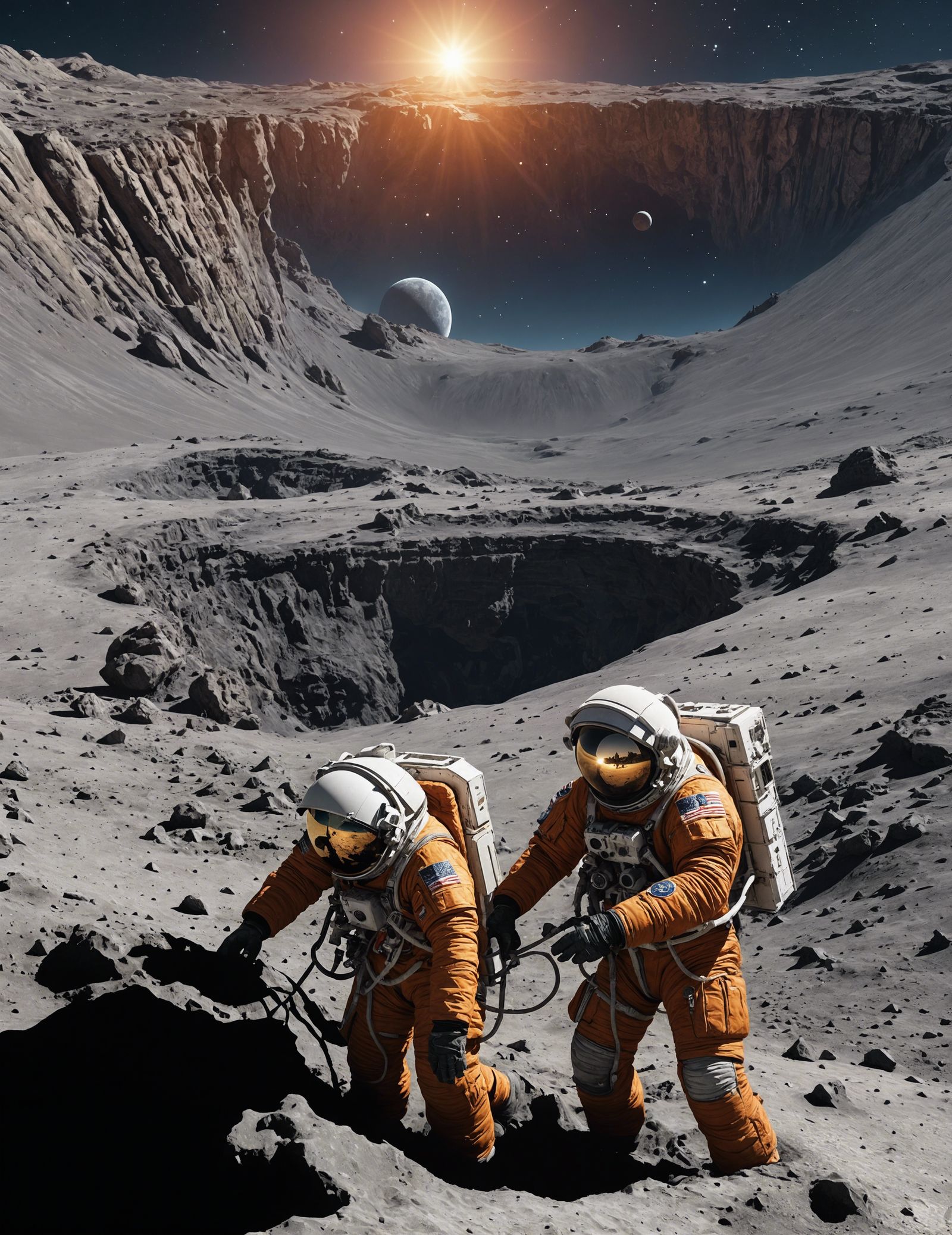 Cosmonauts Excavate Lunar Temple at Sunset