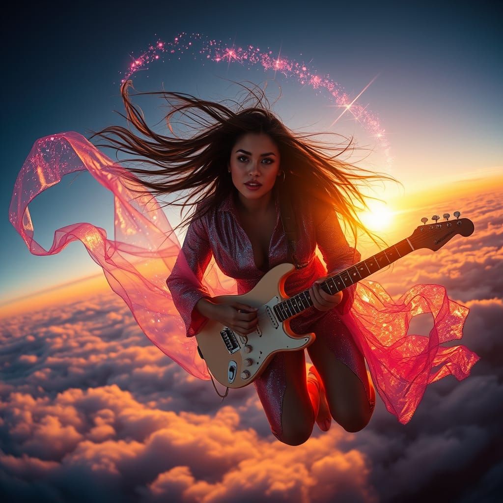 Futuristic Guitarist in Energy Nebula at Sunset
