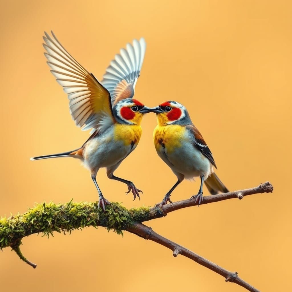 Finches in Golden Light: A Hyperrealistic Avian Scene