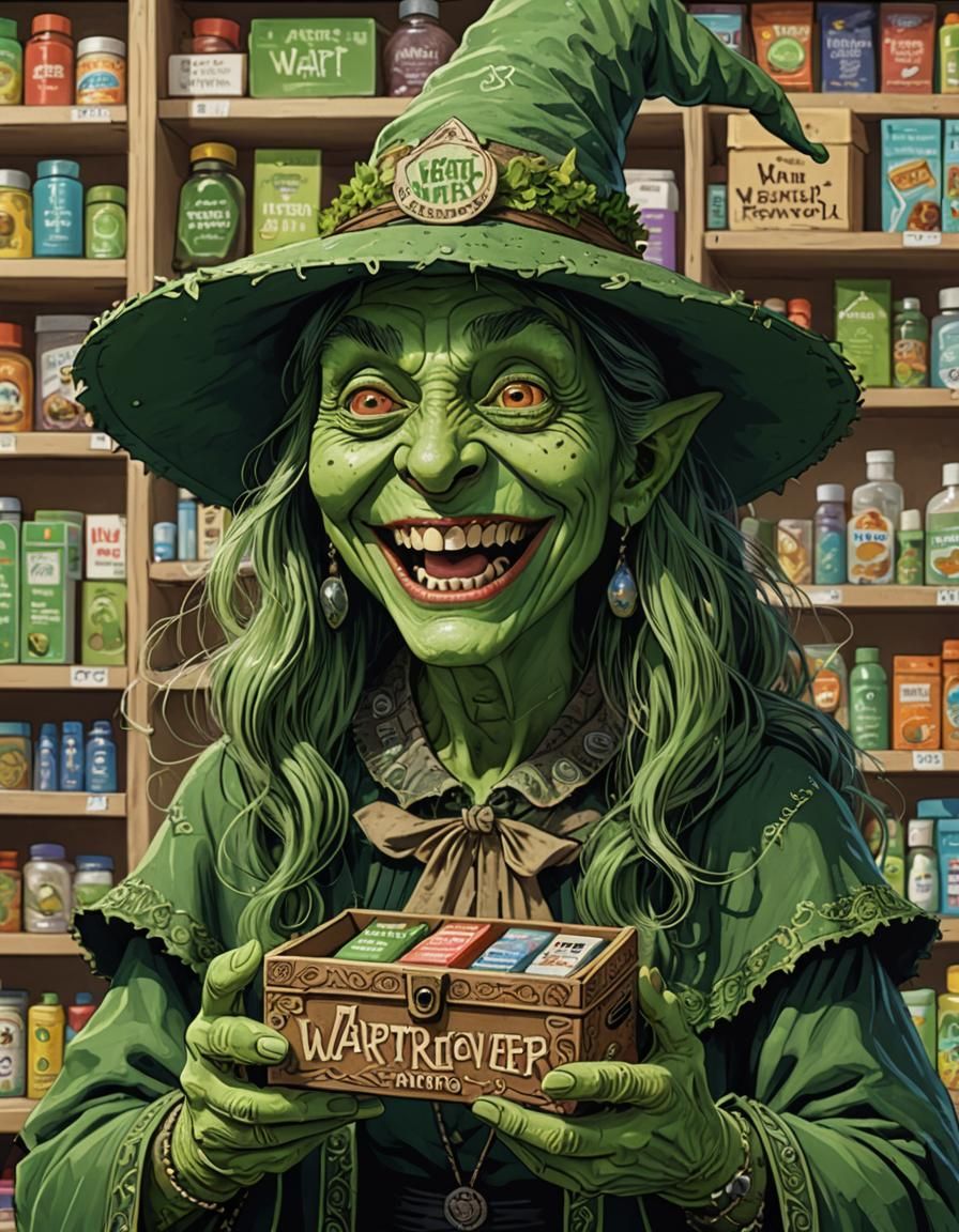 Green Witch Laughing with Wart Remover Box