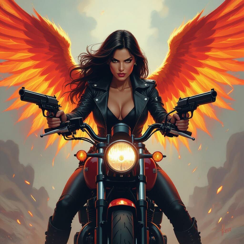 Fiery Phoenix Woman on Motorcycle with Guns