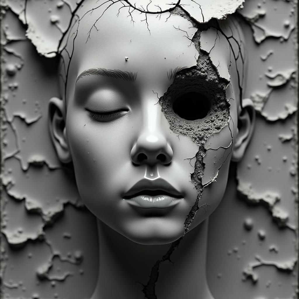 Grayscale Face Melds Into Decayed Porcelain Surface