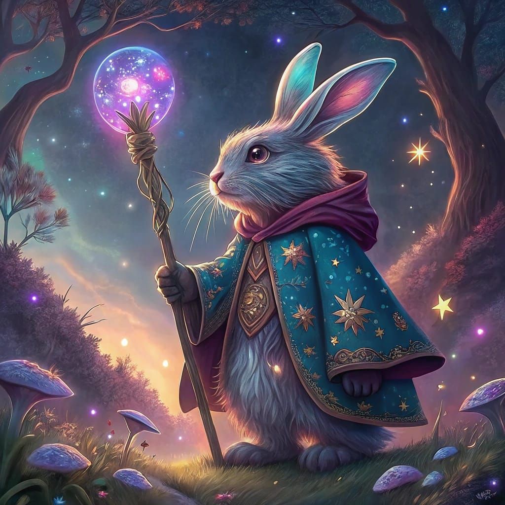 Cosmic Rabbit Wizard in Vibrant Starry Robes