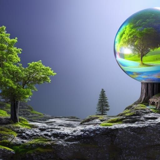Fairy World in Glass Sphere: Cel-Shaded Digital Art