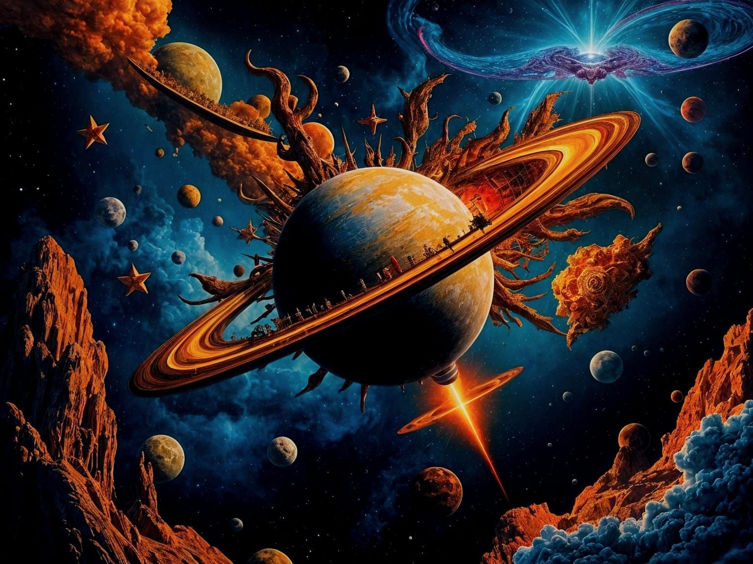 Pop Art Ringed Planet with Spaceship and Demon