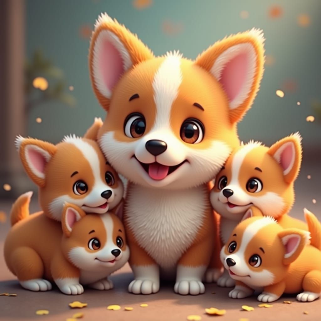 Corgi and Puppies: Whimsical Fantasy Art