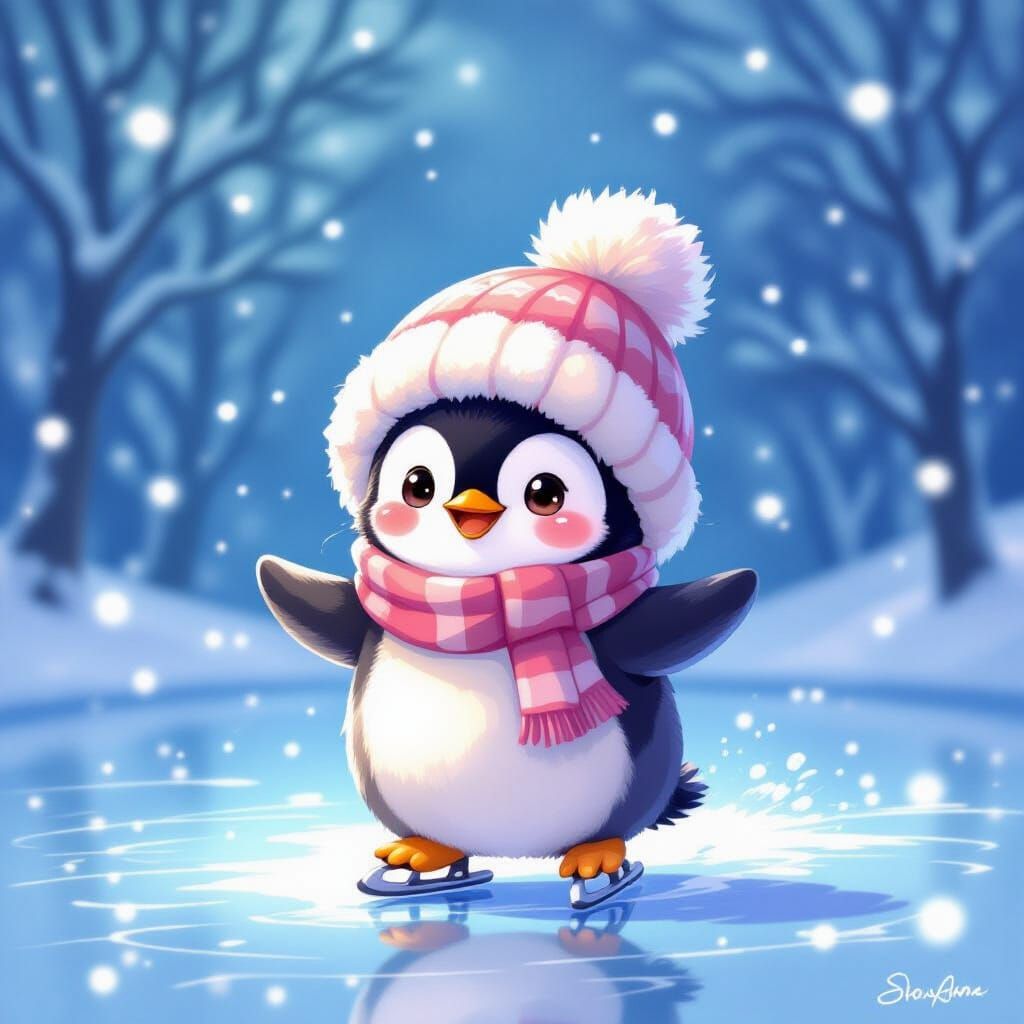 Kawaii Penguin Ice Skating in Whimsical Winter Wonderland