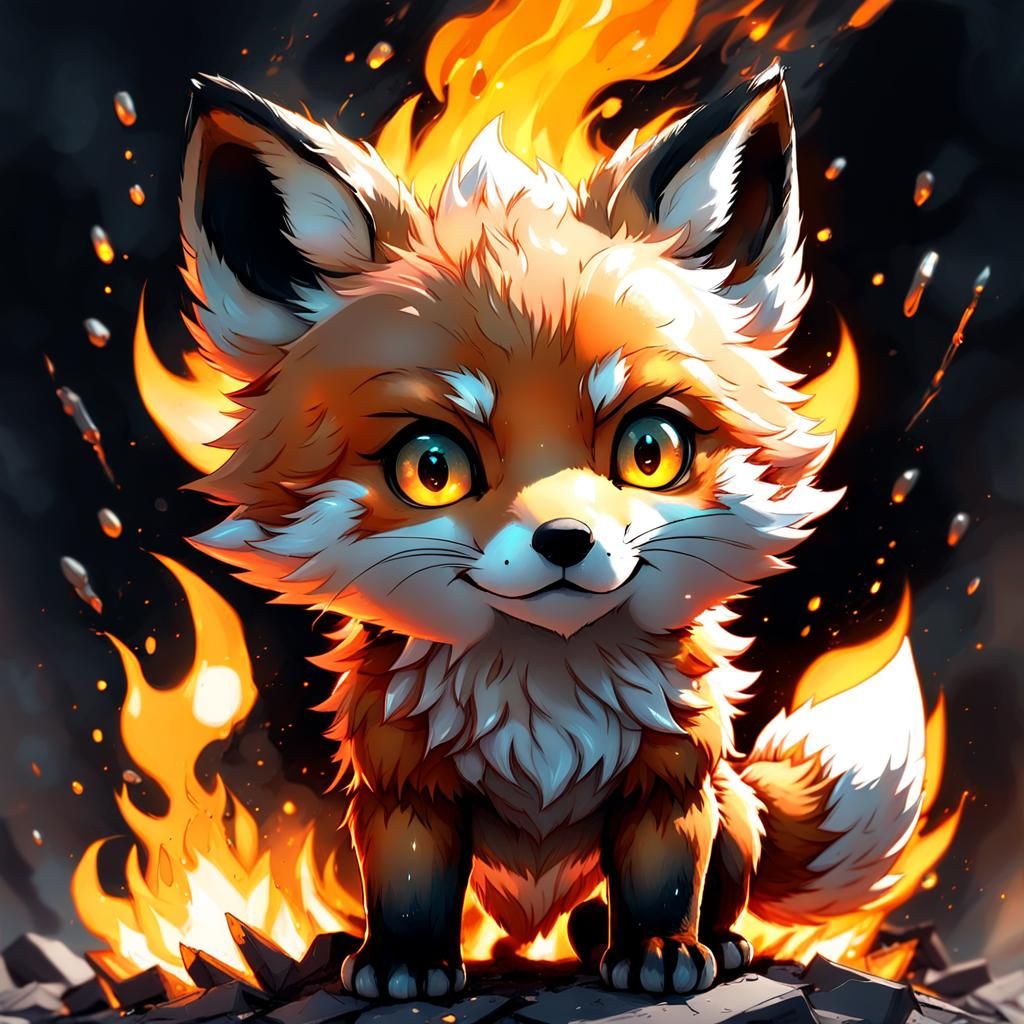 Fiery Chibi Fox Cub Digital Art