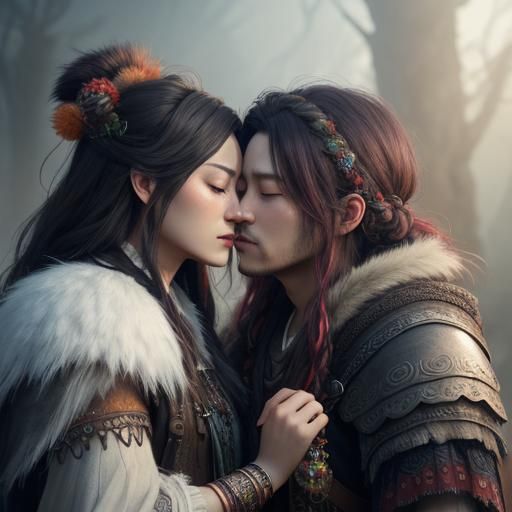 Druid and Viking Share a Kiss: Hyper-Realistic Illustration