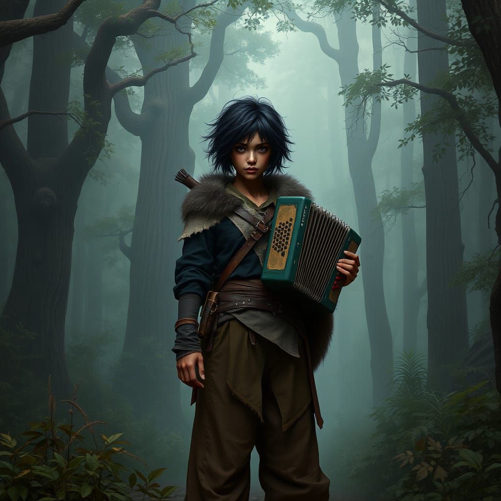 Fantasy Adventurer in Earth-Toned Attire, Amidst a Misty For...