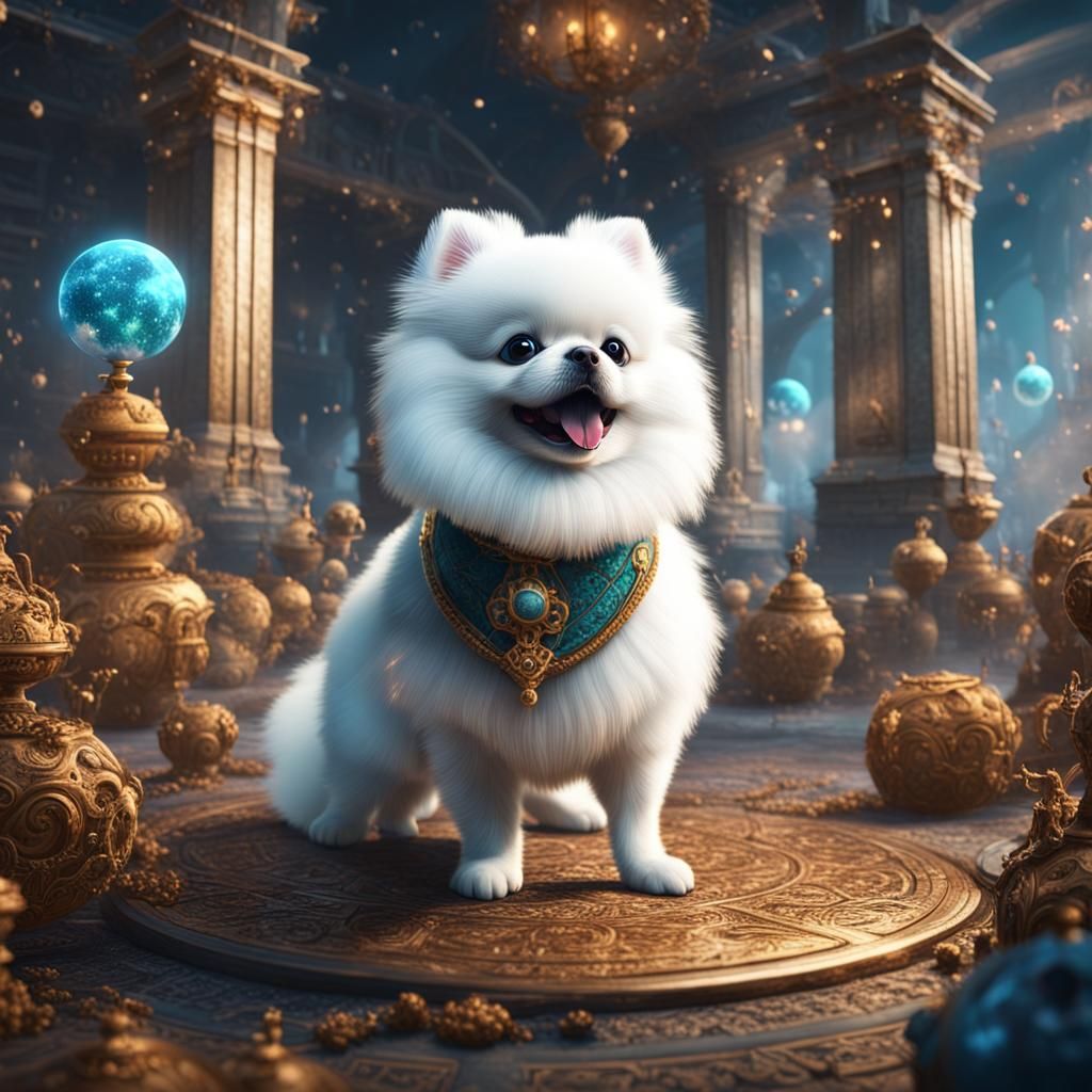 Pomeranian Playing: Detailed Fantasy Concept Art