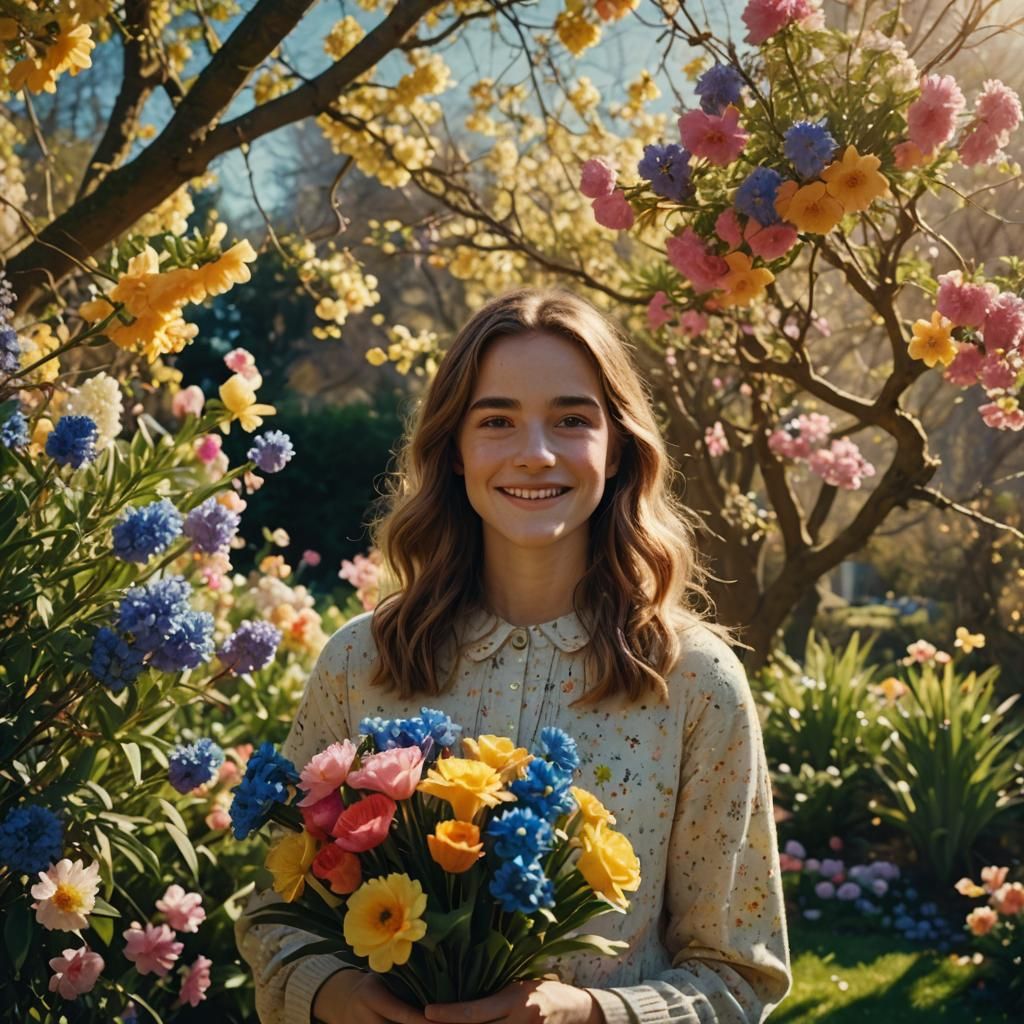 Emma in Sunlit Garden with Easter Flowers