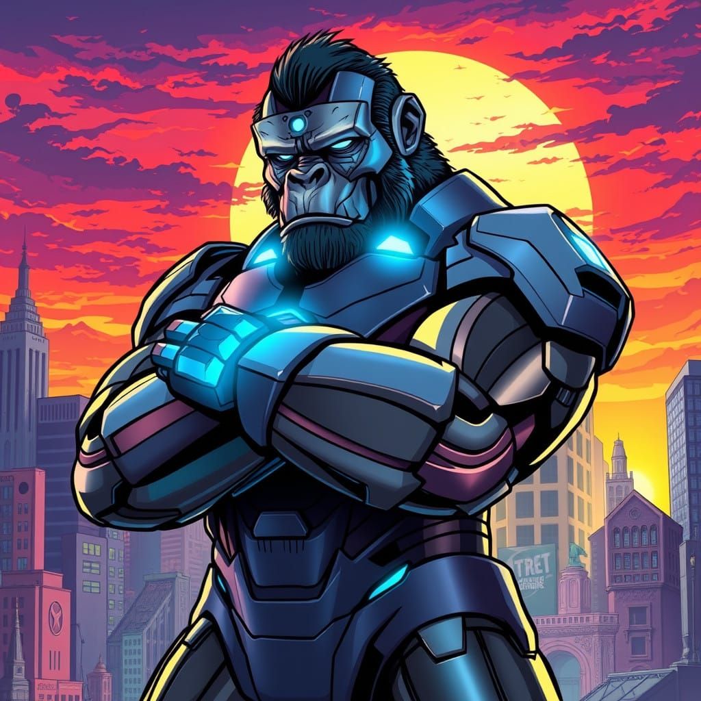 Metallic Ape Hero Dominates Cyberpunk Cityscape