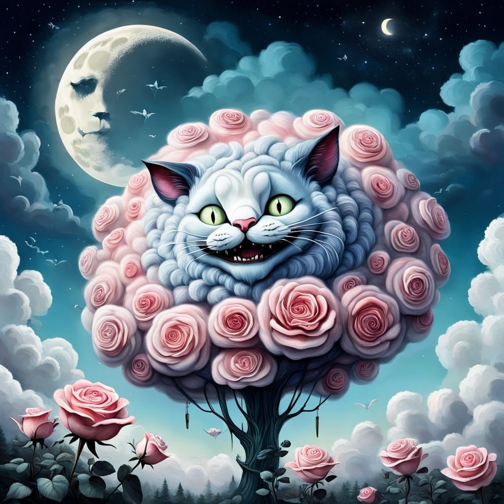 Surreal Dreamscape: Sheep Clouds and Cheshire Cat Moon