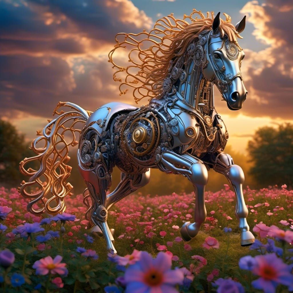 Bionic Steampunk Horse in Hyperrealistic Detail