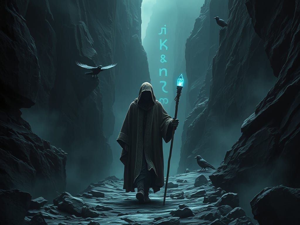 Mysterious Traveler in a Haunting Obsidian Canyon