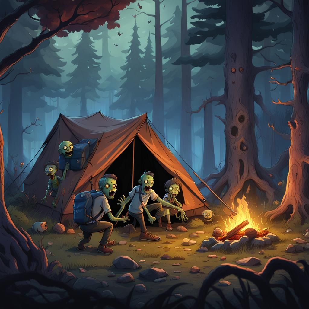 Cartoon Zombie Family Camping in Detailed Matte Style