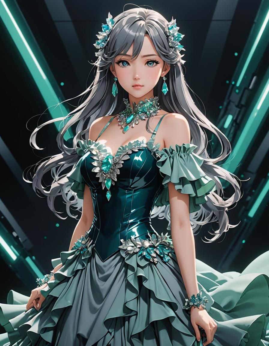 Anime Style Figure in Flowing Crystal Dress