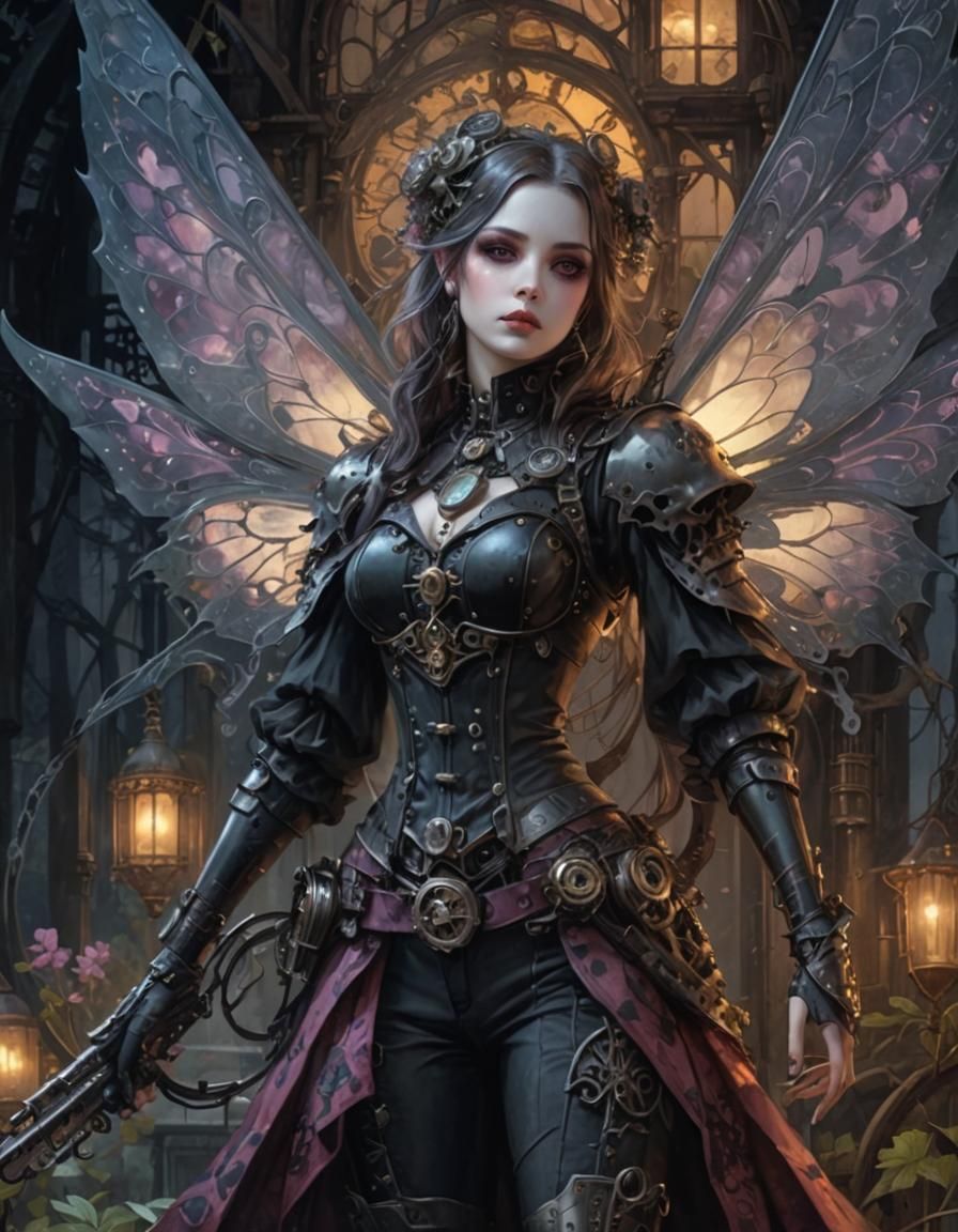 Gothic Fairy Robot in Watercolor Art Nouveau Style