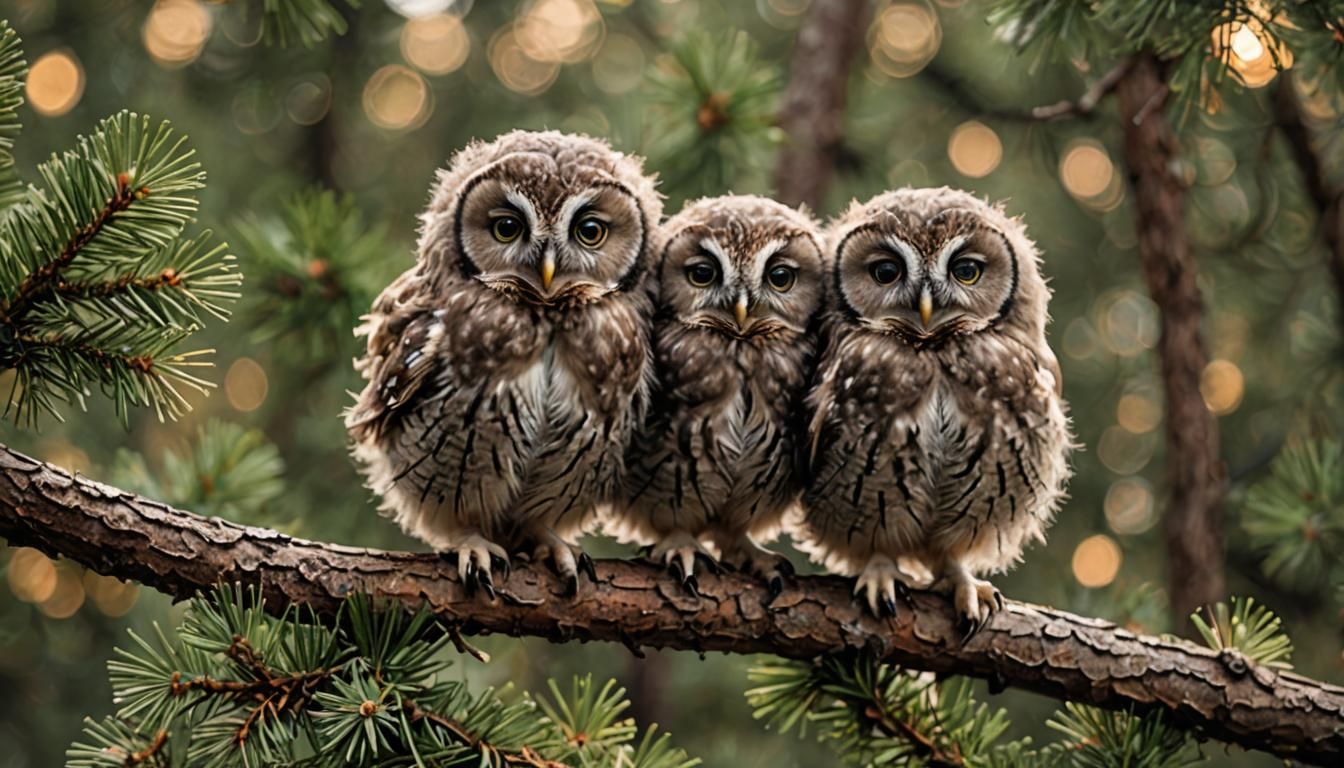 Fuzzy Baby Owls on Pine: Professional Photography