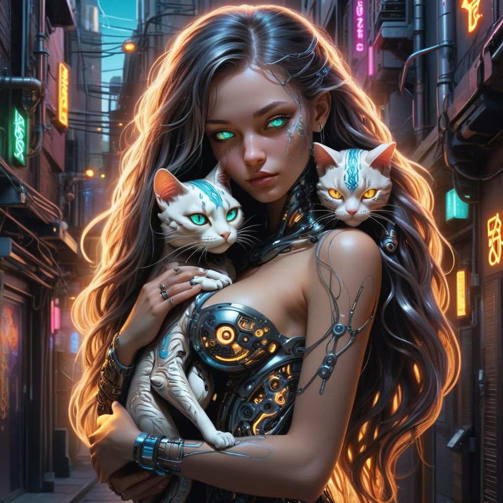 Woman and Biopunk Cat in Futuristic Alleyway