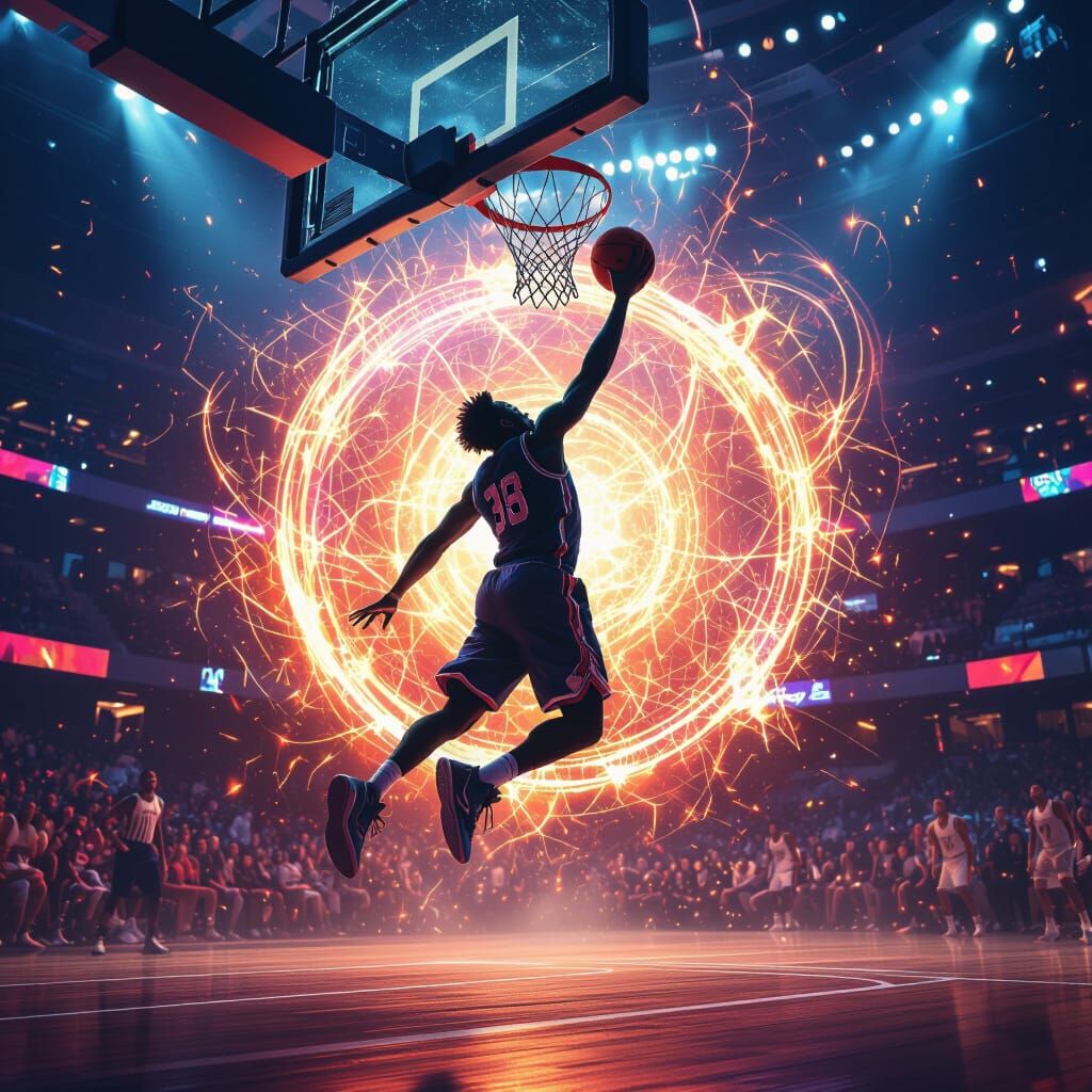 Basketball Player Slam Dunking in Fantasy Arena