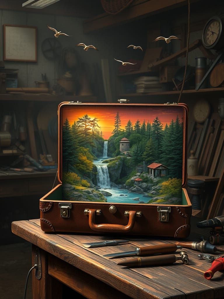 Surreal Landscape Revealed in Open Suitcase