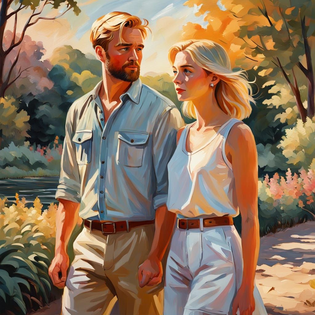Impressionist Couple in Gouache Style with Warm Lighting