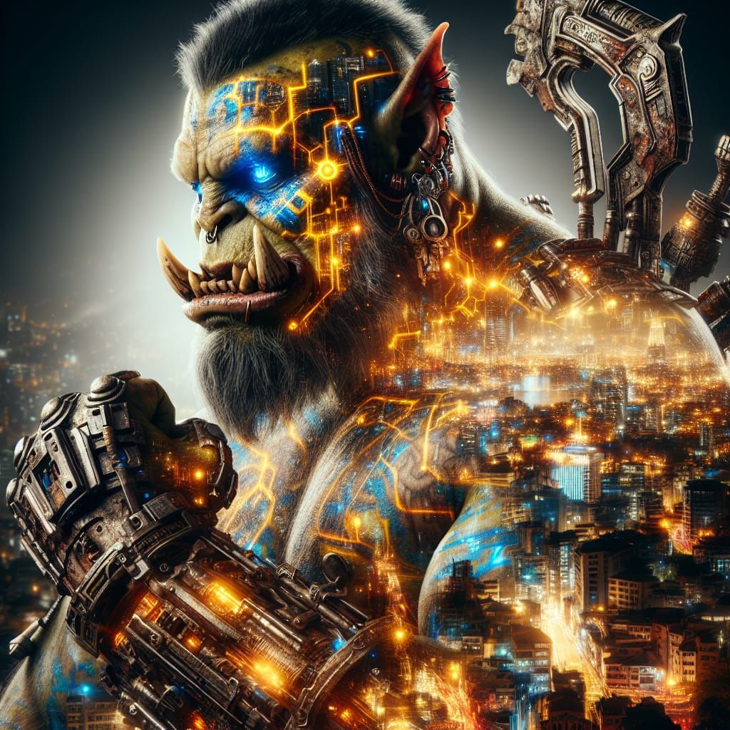 Cyberpunk Orc Warrior with Enchanted Cityscape Reflection