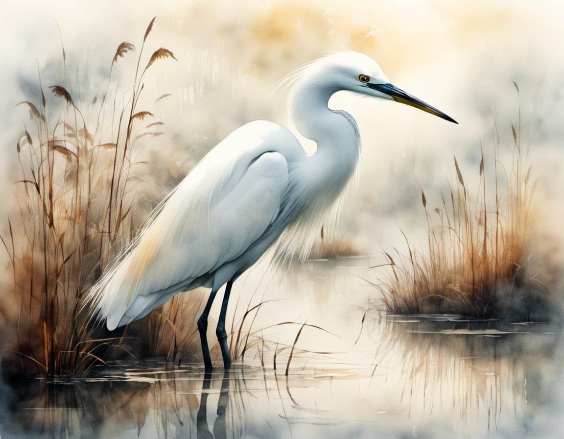 Snowy Egret in Misty Pond with Plaster Texture