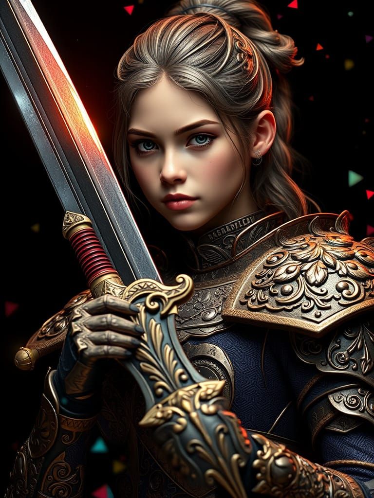 Pixelated Slash: Armored Woman with Sword in Digital Art