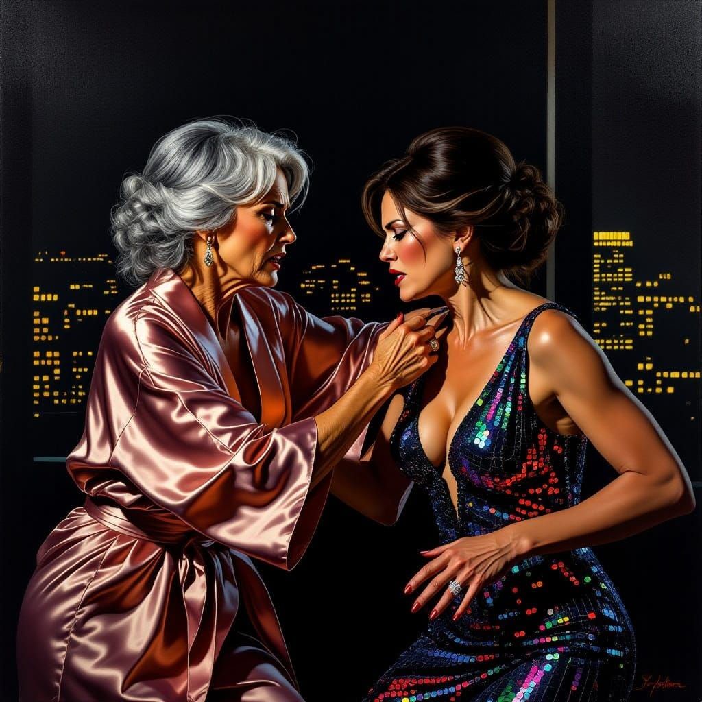 Dramatic Oil Painting of Women in Fierce Conflict