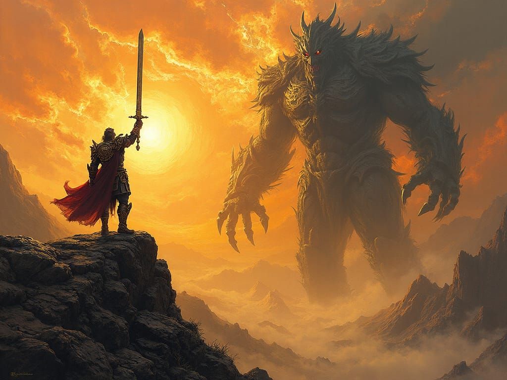 Epic Warrior Defies Gargantuan Giant Amidst Fiery Fantasy Su...