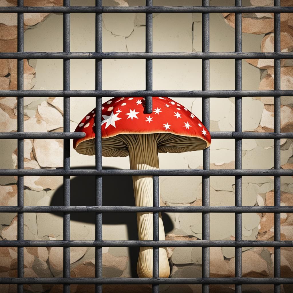 Apologetic Mushroom in Jail Cell with Flag