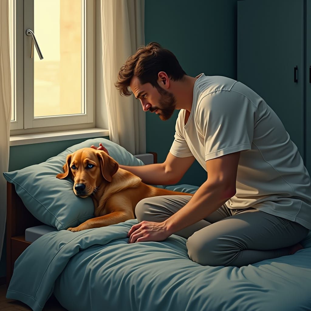 Man Searches for Missing Golden Retriever in Surreal Style