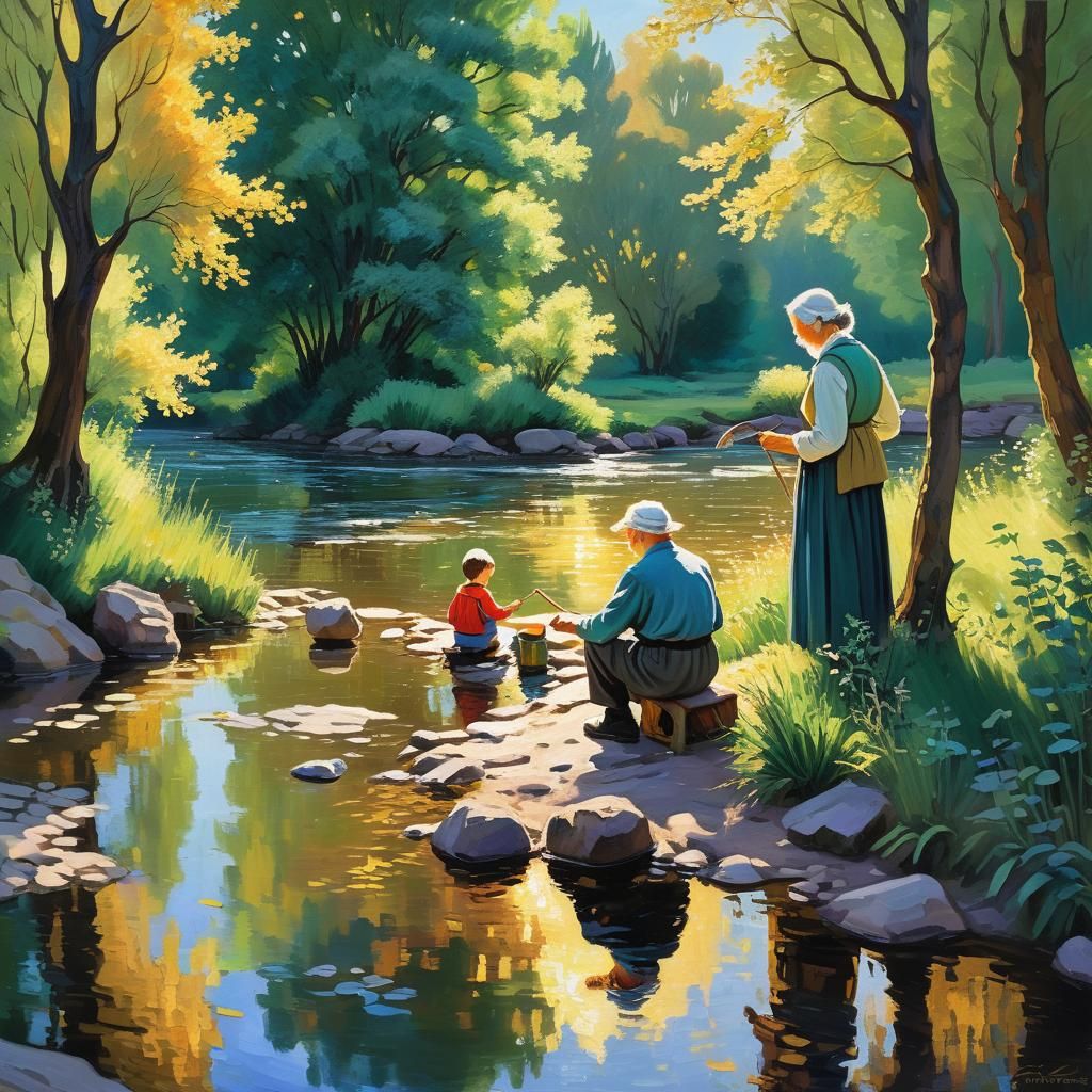 Goddess Watching Grandson Fish: Neo-Impressionist Oil Painti...