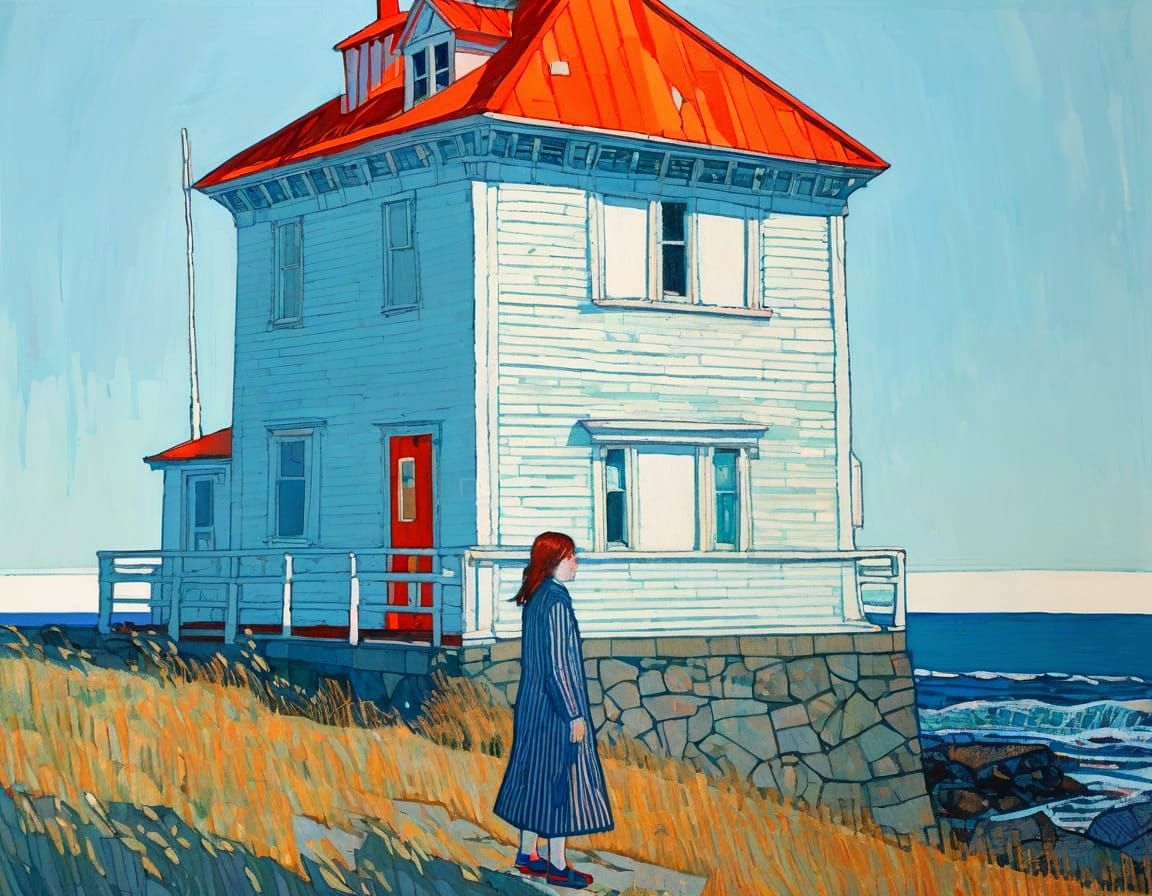 Woman by Lighthouse in Vibrant Splatter Style