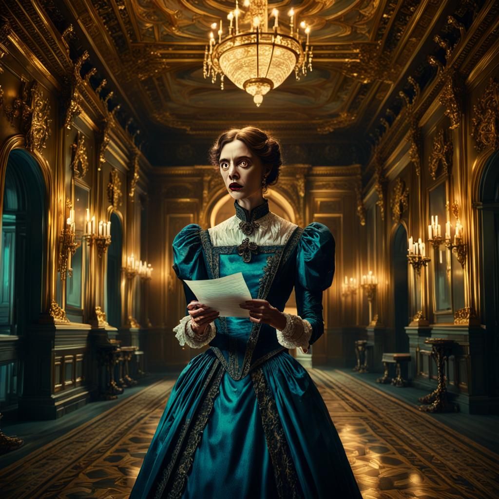 Victorian Woman's Shock in Ornate Hallway