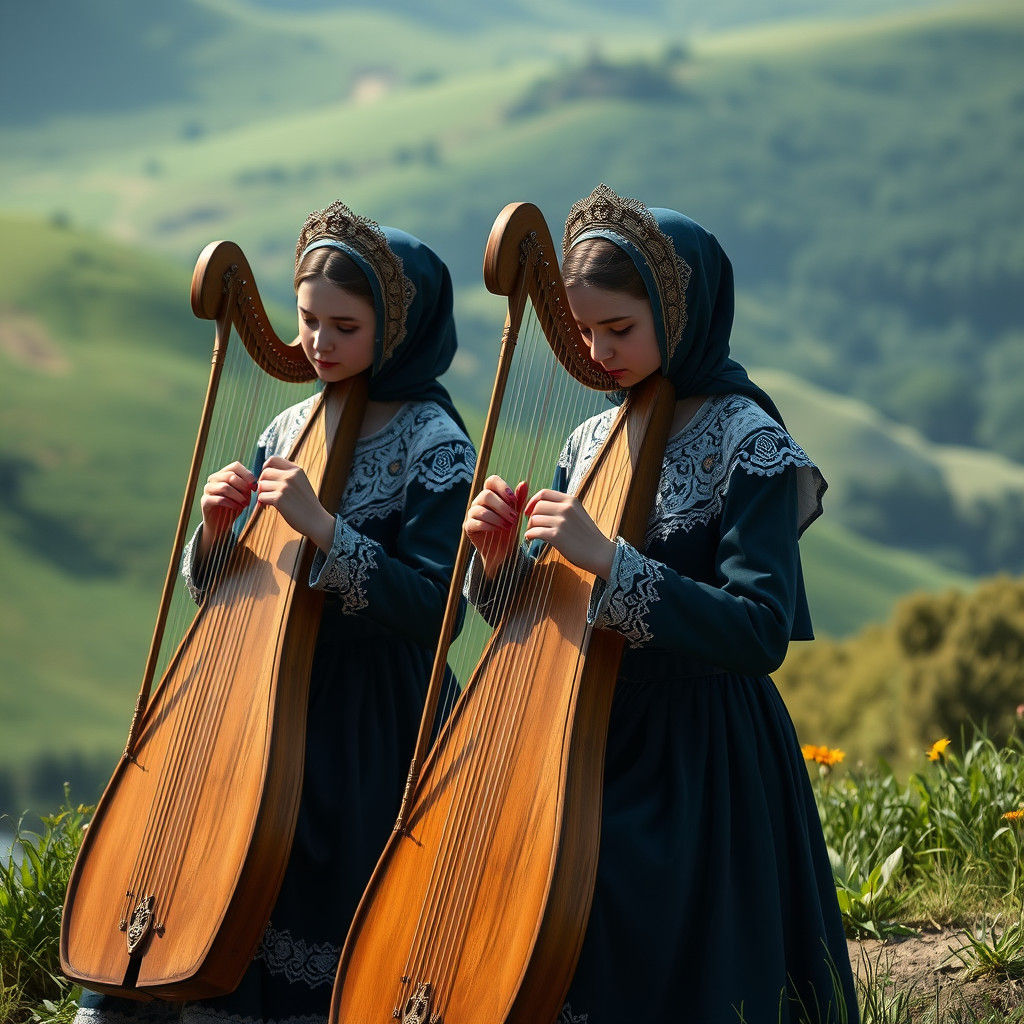 Girls Play Harps in Lush Fantasy Landscape