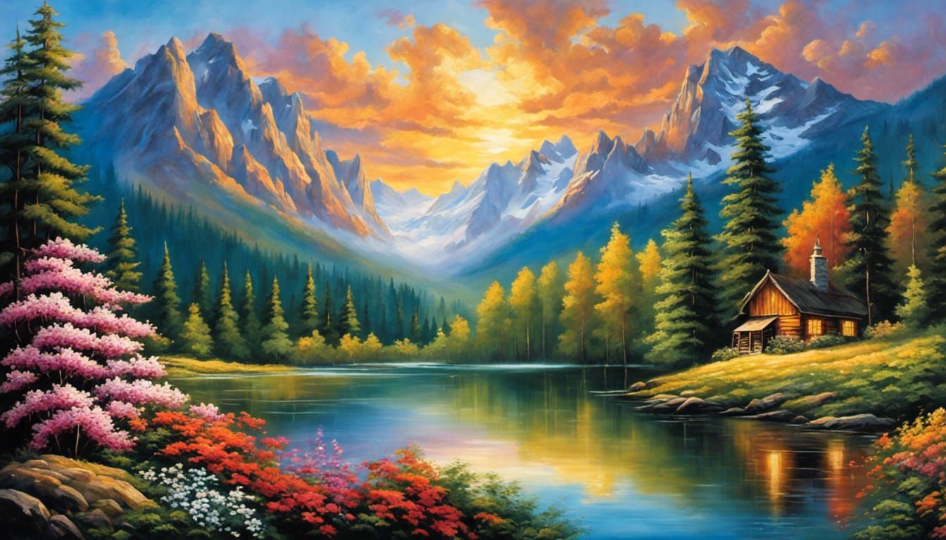 Magnificent Mountain Landscape Painting at Sunrise