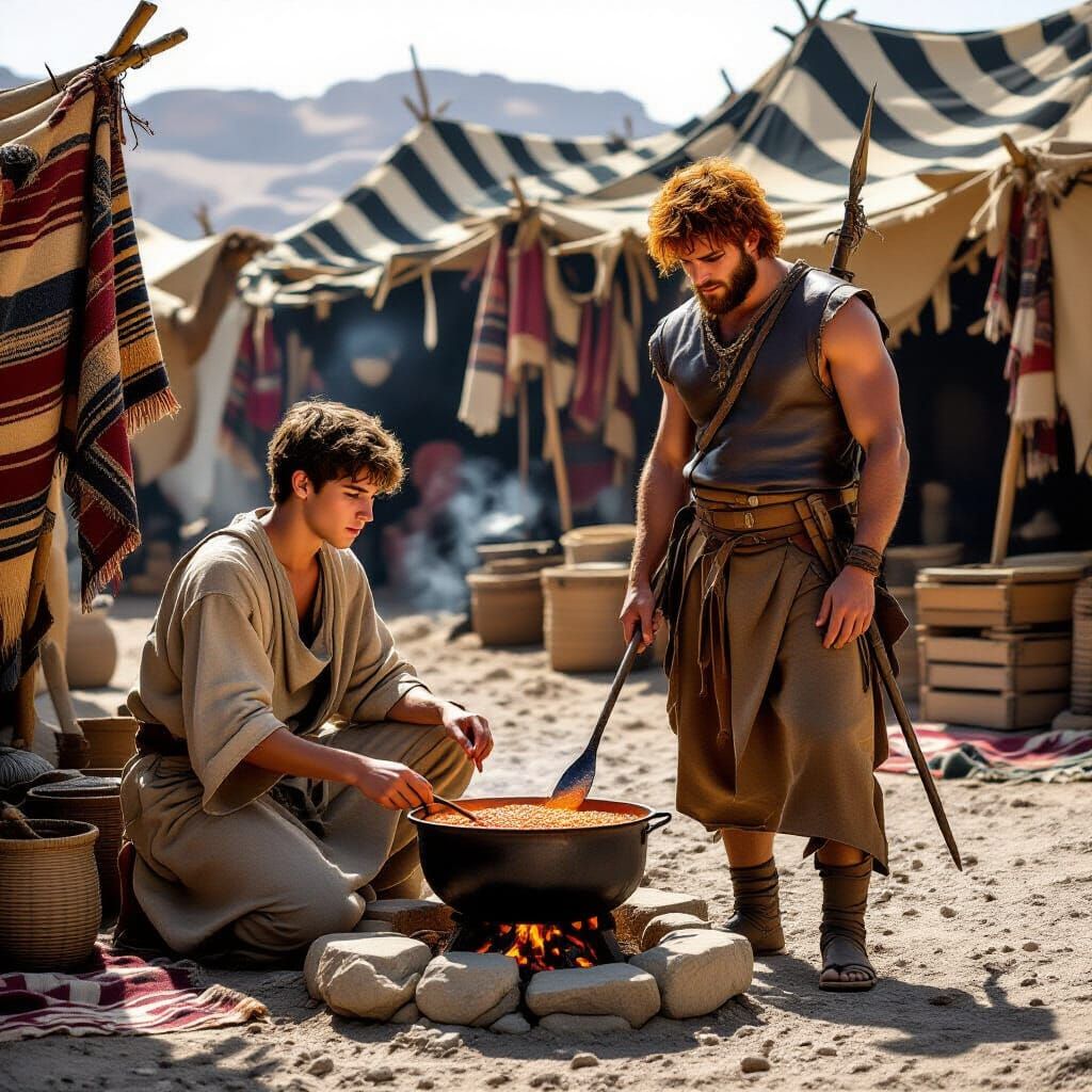 Jacob Tending Stew While Esau Returns From Hunt