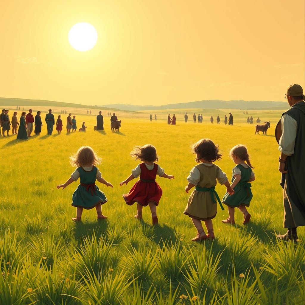 Medieval Children Play in Sunlit Field