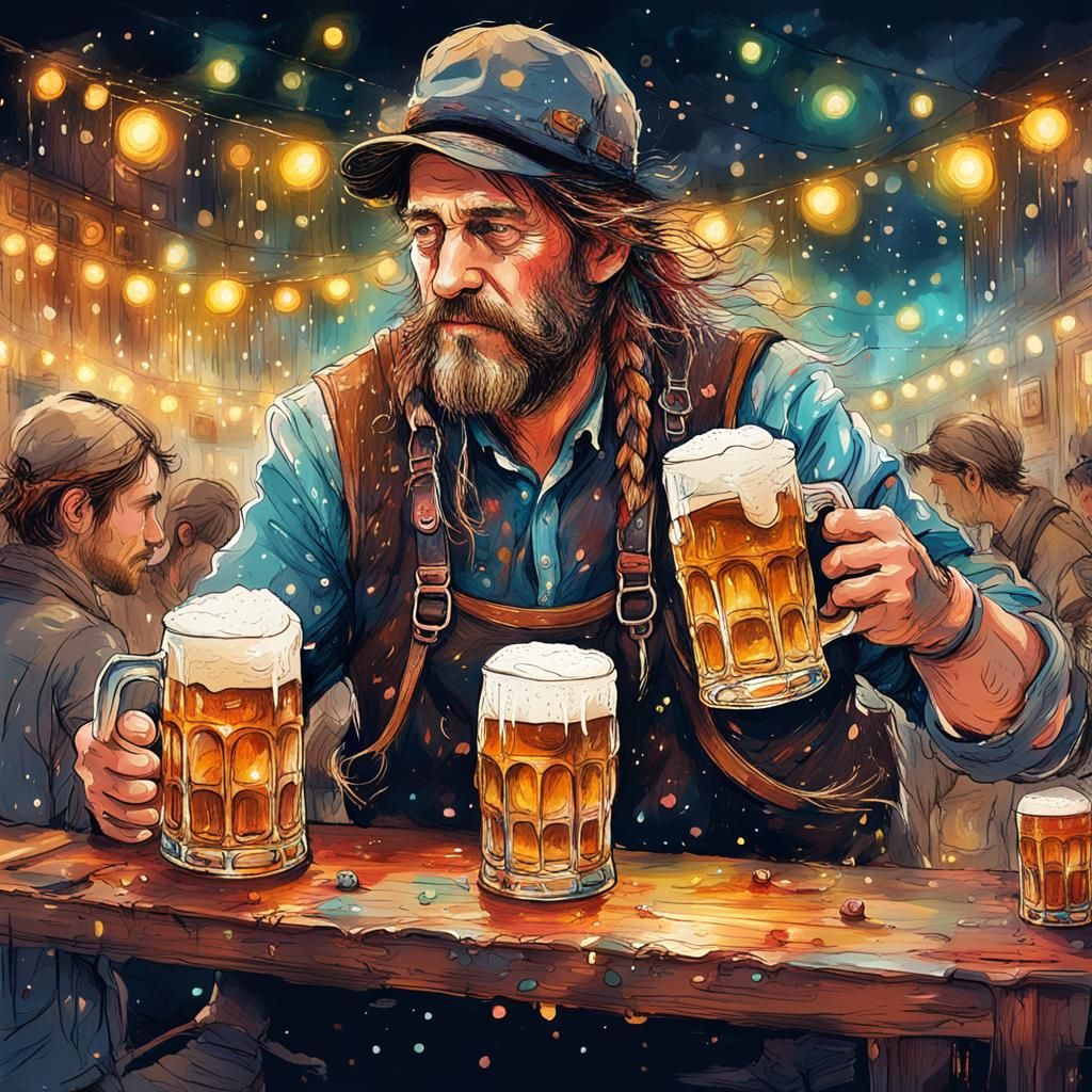 Oktoberfest Beer Festival at Night, Detailed Illustration
