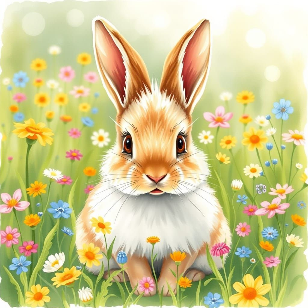 Whimsical Watercolor Bunny in a Sunny Meadow