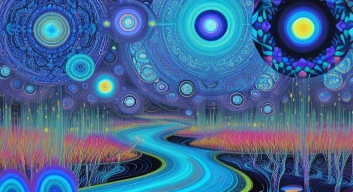 Kaleidoscopic Garden River of Time in Psychedelic Style