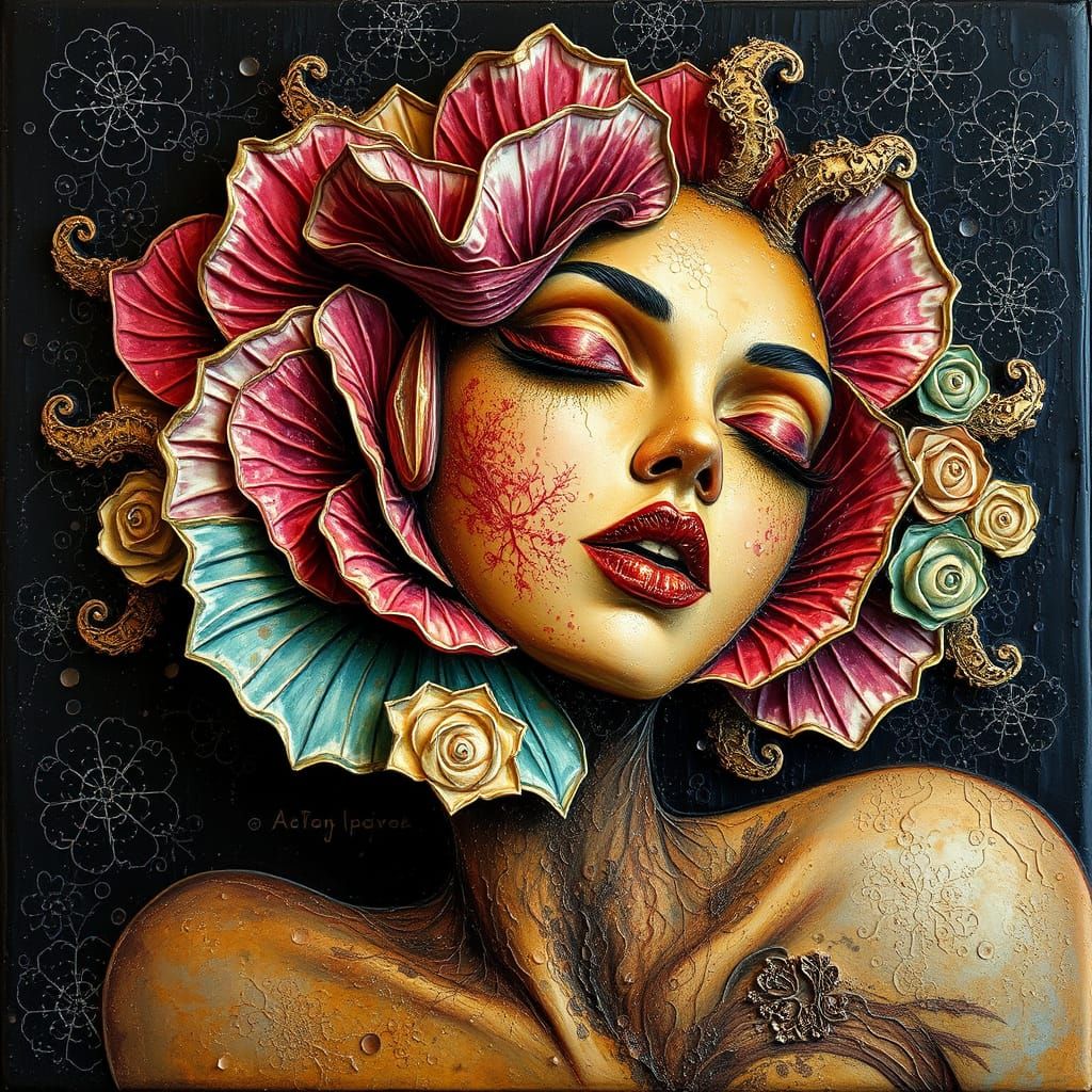 Gilded Surrealist Masterpiece in Textured Wax and Pigment